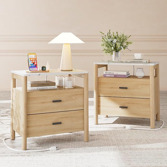 Night Stand Set of 2 with Charging Station, 24" Large Modern Nightstand with Faux Marble Top, 2 Drawers End Table with Solid Round Post Legs&Open Shelf, for Bedroom, Natural Oak