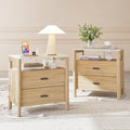 Night Stand Set of 2 with Charging Station, 24" Large Modern Nightstand with Faux Marble Top, 2 Drawers End Table with Solid Round Post Legs&Open Shelf, for Bedroom, Natural Oak