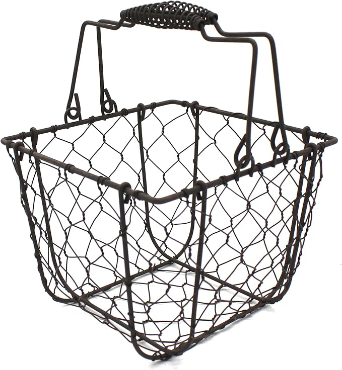 CVHOMEDECO. Square Chicken Wire Egg Basket Fruit Basket with Swing Handles Primitives Vintage Gathering Basket. Rusty