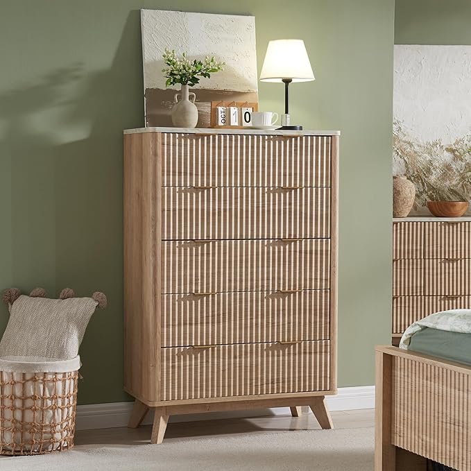 T4TREAM Fluted 5 Drawers Dresser, 48" Tall Modern Chest of Drawers with Faux Marble Top, Curved Profile Design, Wood Drawer Organizer for Bedroom, Living Room, Hallway, Entryway, Natural Oak