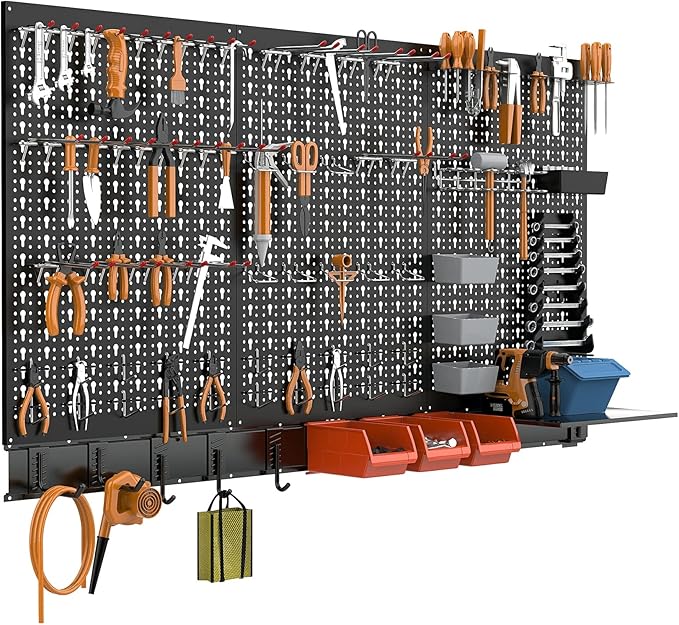 TORACK Metal Pegboard Wall Organizer System for Garage, 109 PCS Pegboard Accessories Tool Organizer Kit with Pegboard Bins, Hooks, Pegboard Tool Storage System for Workbench(Black)