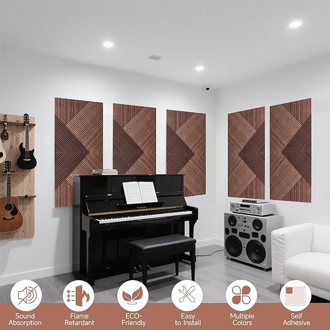 TO-TH Acoustic Panels for Wall and Ceiling - 6 Pack 2'x2'x0.4",Self-Adhesive 3D UV Printing Decorative Wall Panels with Wood Look,Red Sandalwood