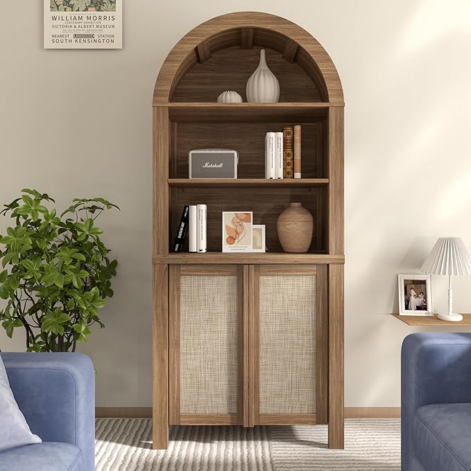 Yechen Arched Bookcase, 70.5" Tall Bookcase with Storage, Mid-Century Modern 5 Tier Bookshelves with Door, Boho Rattan Bookshelf for Living Room Kitchen Office Bedroom Library, Natural Walnut,1 PCS