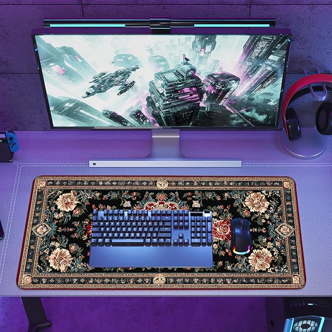 Vintage Persian Carpet Mouse Pad – Large Extended Desk Mat 35.43 x 15.75 in – Oriental Floral Rug Design, Non-Slip Rubber Base, Stitched Edges, Soft Keyboard & Mouse Mat for Office or Gaming
