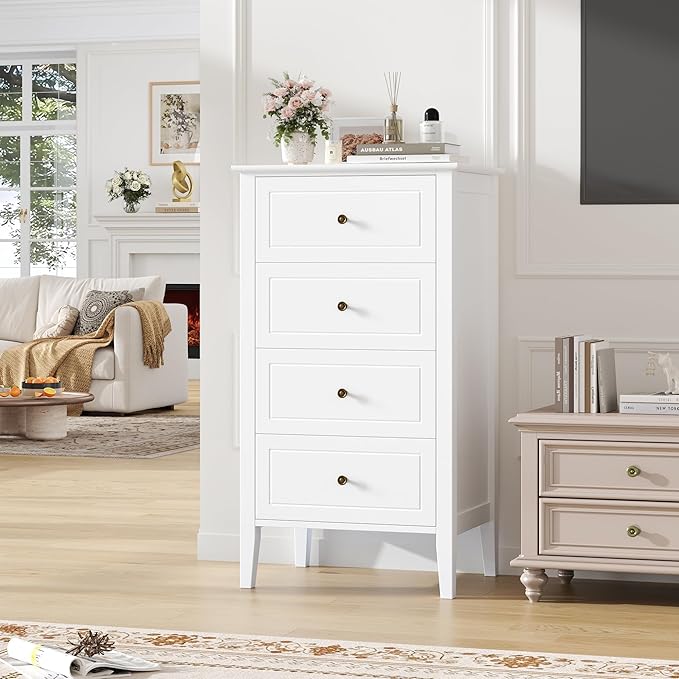 TTVIEW 4 Drawer Dresser, White Dresser Antique Chest of Drawers with Solid Frame, Tall Wood Storage Chest Cabinet for Living Room, Bathroom, Entryway, White