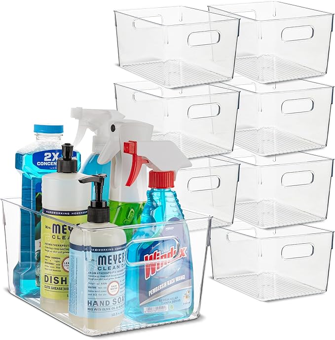 primebox Plastic Food Storage 8 Pack Clear Container Bin with Handles for Organizing Kitchen, Pantry, Refrigerator, Freezer, Pantry, Cabinet, Closet, Bathroom. 10”x7.5”x5.3”