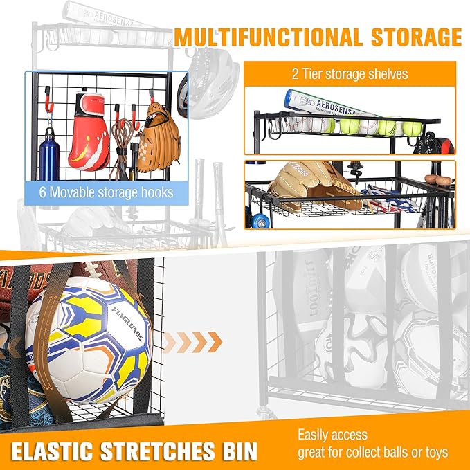 PLKOW Sports Equipment Storage for Garage, Indoor/Outdoor Sports Rack for Garage, Ball Storage Garage Organizer with Basket and Hooks,Toy/Sports Gear Storage