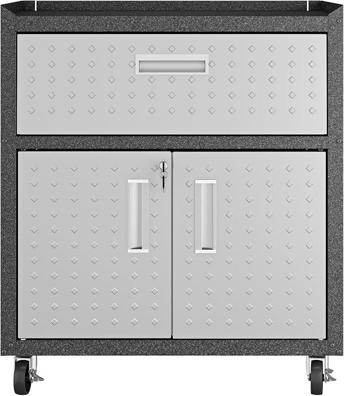 Manhattan Comfort Fortress Textured Metal 31.5" Garage Mobile Cabinet with 1 Full Extension Drawer and 2 Adjustable Shelves, Black/Gray