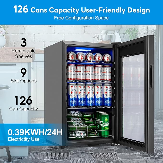 Beverage Refrigerator 17 inch Wide - 126 Can Beverage Cooler with Glass Door | Counter-Top/Freestanding Mini Beverage Beer Fridge | Temperature Memory | Invisible Door | Perfect for Soda,Beer