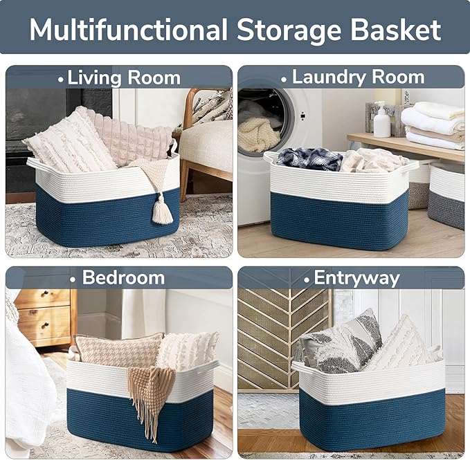 Goodpick Large Storage Baskets for Organizing, Woven Baskets for Storage, Blanket Basket Living Room, Rectangle Dirty Clothes Basket for Laundry, 21.6" x 14.9" x 11.8", Blue