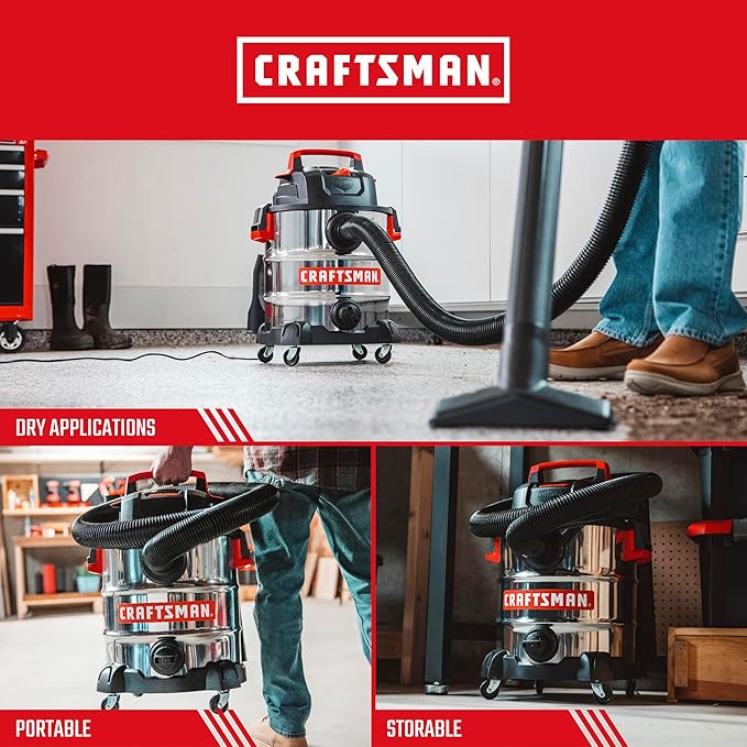 CRAFTSMAN CMXEVBE17155 10 Gallon 6.0 Peak HP Stainless Steel Wet Dry Vac, Portable Shop Vacuum Wet and Dry with Filter, Hose and Attachments for Home and Garage Use
