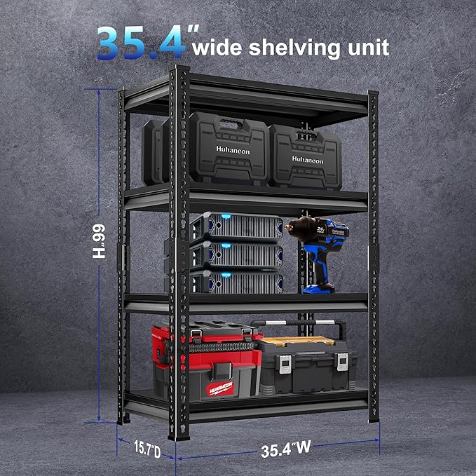 Heavy Duty Garage Shelves - 36''W 1,400Lbs Steel Metal Adjustable Utility Industrial Storage Shelving Rack Units for Warehouse Basement 4 Tier Black 35.4" W x 15.7" D x 66" H