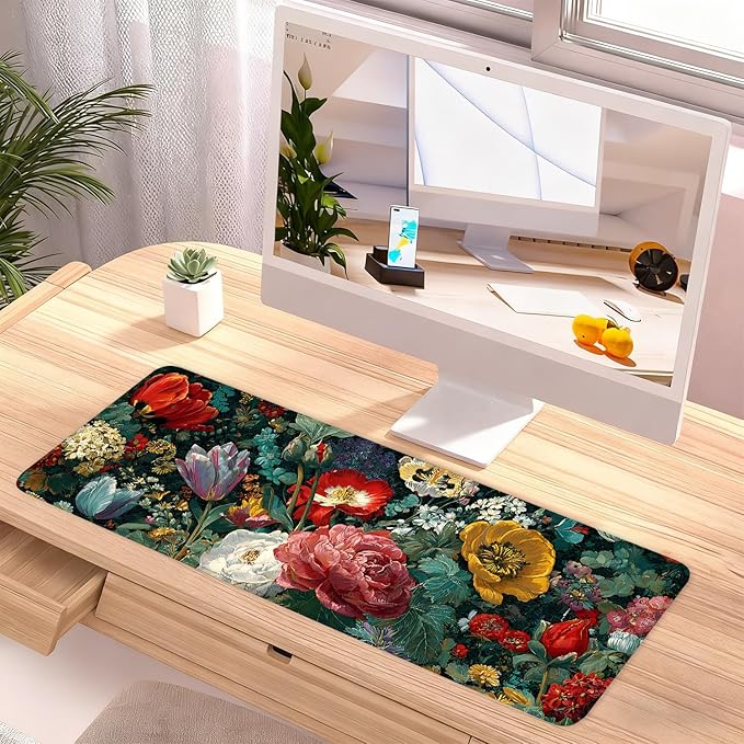 Vintage Oil Painting Floral Mouse Pad – Large Extended Desk Mat 31.5 x 11.8 in– Baroque Style Botanical Design, Waterproof Surface, Non-Slip Rubber Base, Oversized Mouse & Keyboard Pad for Art Lovers