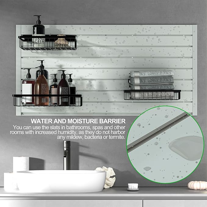 RELIANCER PVC Slat Wall Panels,4ft by 4ft (16 sqft) Garage Wall Organizer Storage System,Interlocking Slatwall Paneling Sheets,Workshop Slatwall Shelves Tools Organization,Wall Mounted Storage Rack