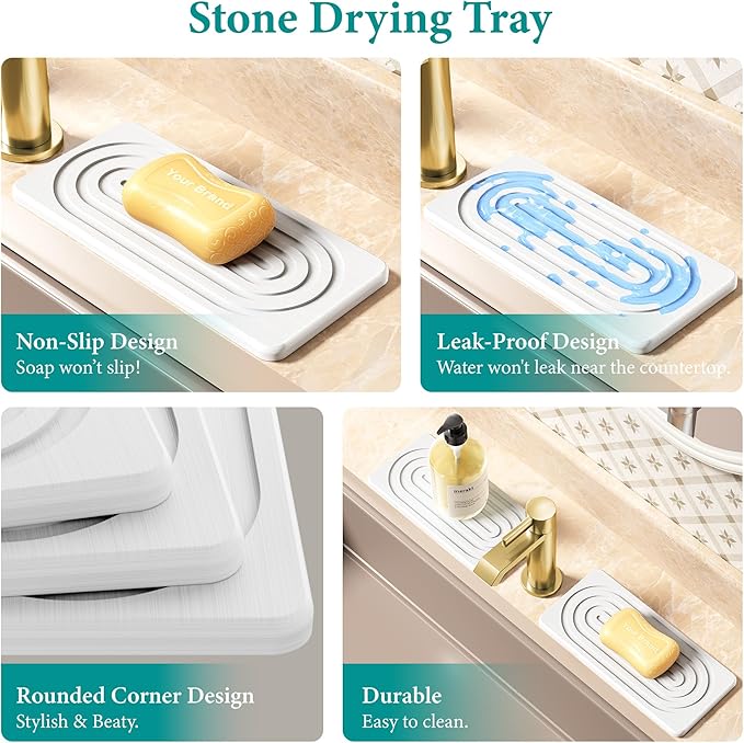 2 PCS Water Absorbing Stone Tray for Sink, Quick Drying Diatomite Bathroom Tray Countertop, Stone Drying Mat for Kitchen Counter Faucet, Soap Dish Dispenser Vanity Organizer, White-B-8.3" x 4"