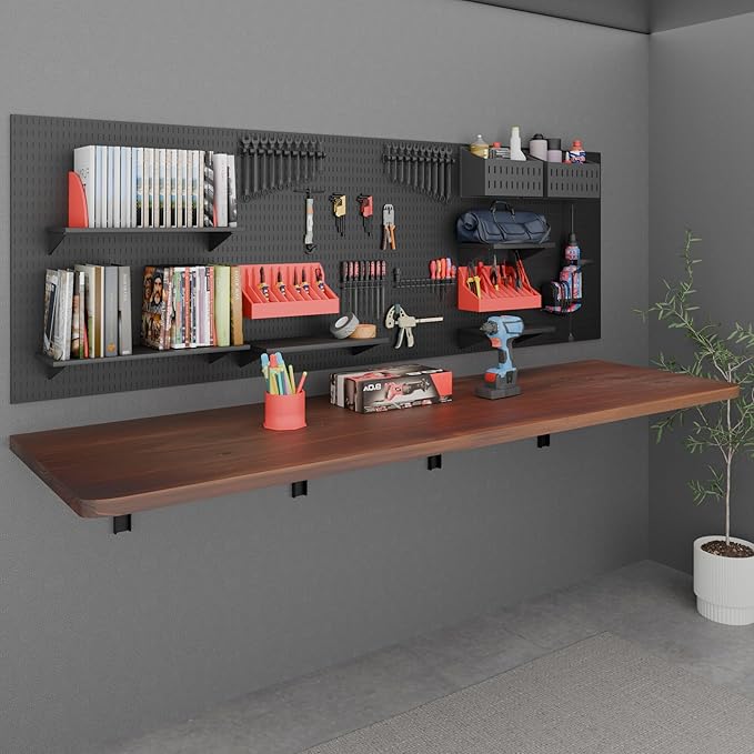 IAE Floating Wall Mounted Folding Table Desk with Pine Wood,72" x 22" Foldable Workbench,Fold Down Wall Mounted Foldable Desk with Shelf Brackets,Laundry Folding Table for Home,Dining,Kitchen,Brown