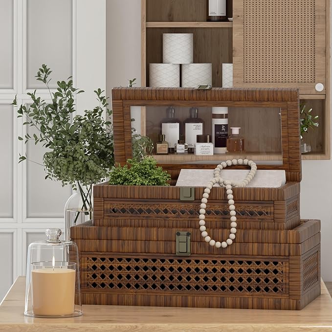 Rattan Decorative Box,Boho Display Boxes with Lids,Set of 2 Rectangular Wicker Storage Decoration,Natural Woven Cane Bins for Home Decor for Rustic Farmhouse(Brown)