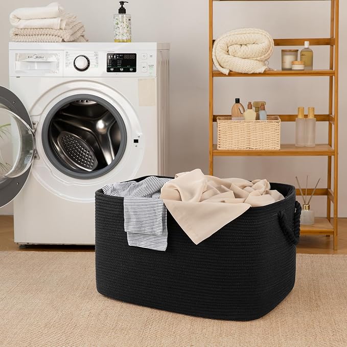 95L Extra Large Blanket Basket with Lid, 24" x 16.9" x 14.2" Woven Storage Basket for Living Room, Rectangle Nursery Blanket Storage for Toys, Towels, Dirty Clothes, Black