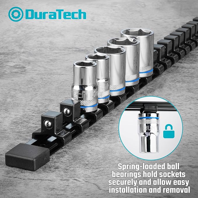 DURATECH Socket Organizer, 1/2-Inch Aluminum Alloy Socket Holder, Heavy Duty Socket Rail Hold 16 Sockets