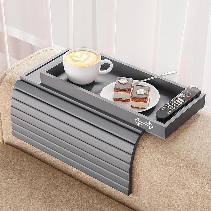 Sofa Armrest Tray Table for Couch - 2-in-1 Foldable Couch Arm Table with Be Slide Detachable Tray - Anti-Slip Sofa Armchair Caddy for Drinks Cup Cellphone TV Remote Snacks (Gray)