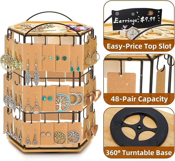 Rotating Earring Display Stand for Vendors, 48 Hooks Hexagon Bamboo Jewelry Holder, Large Capacity Jewelry Storage Showing Rack for Selling, Store, Home, Necklace Bracelet Keychain, 3 Tiers