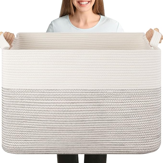 XXXL Large Blanket Basket, 108L Storage Basket, Cotton Rope Baskets for Living Room, Toy Basket for Kids, Woven Baskets for Clothes, Towels, Pillows, 25" x 16" x 16", Black and White