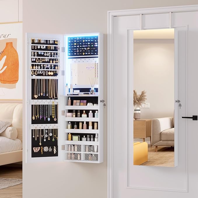 Vlsrka 47.2" LED Jewelry Mirror Cabinet, Wall/Door Mounted Jewelry Armoire Organizer with Full Length Mirror, Large Storage Hanging Cabinet, 4 Drawers, 5 Shelves, Built-in Lighted Mirror (White)
