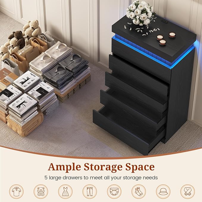 Tall Black 5 Dresser for Bedroom, Sliding Top Storage Space, Modern Wood Drawers with LED Light and Power Outlet, Large Chest of Drawer for Living Room, Hallway, Entryway (5 Drawers,Black)