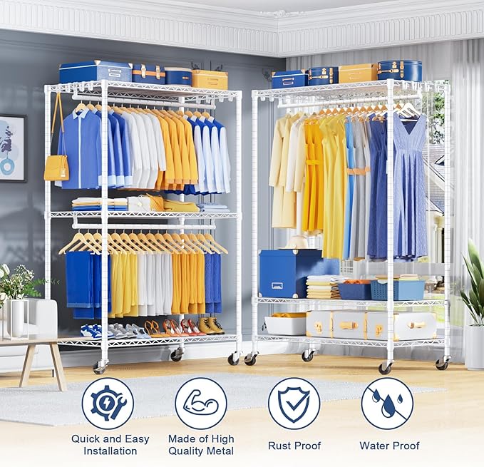 P8 Heavy Duty Clothes Rack（With Extended Width Design） Rolling Clothing Racks for Hanging Clothes，Portable Garment Rack with Lockable Wheels，51.2" W x 15.8" D x 80.5" H，Max Load 700LBS，White