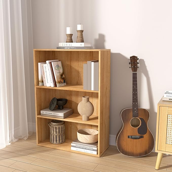 Wooden 3 Tier Book Shelf,3 Cube Storage Organizer,3 Tier Low Bookcase Storage Display Organizer, 33 Inch Versatile Cubes Shelf and Cubby Unit for Any Space (Natural Oak, 3 Cube-W(23.6inch)