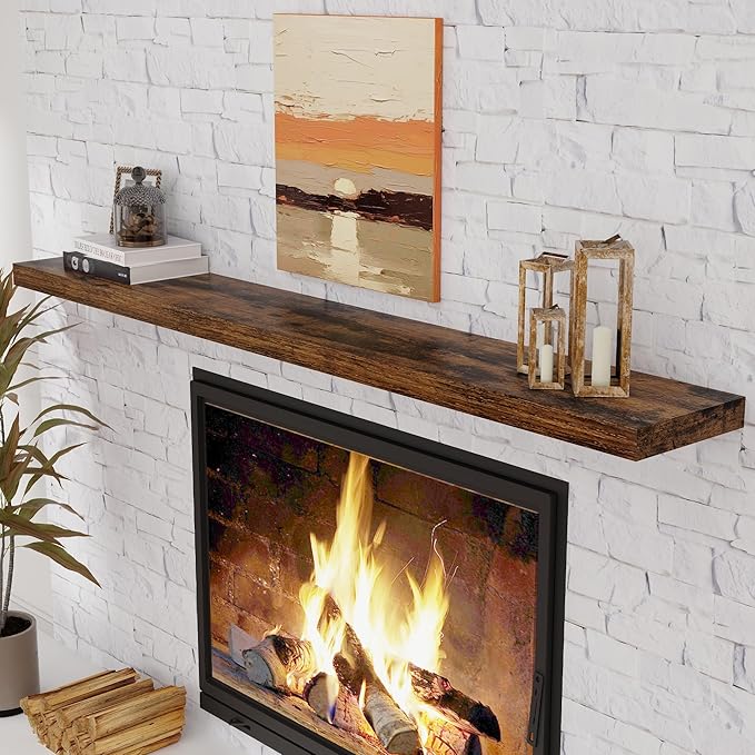 Fun Memories 72 Inch Floating Shelves, 72 x 9.3 Rustic Wooden Fireplace Mantel, 9.3 Inch Floating Shelf for Wall, Farmhouse Wall Shelves for Home Storage & Display, Rustic Brown Color, Set of 1