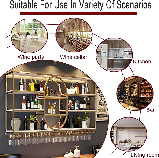 71IN Large Wall Mount Wine Rack, Metal 4 Tier Hanging Bottle Holder with Wine Glass Storage Racks, Modern Floating Wine Shelves for Home Bar Dining Room Decoration(Black)