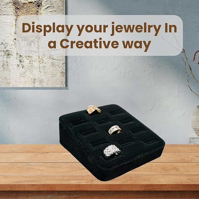 Novel Box 12-Slot Black Velvet Rings/Earrings/Cufflinks Holder Tray 5.75x5x2 Inches - Ring Holder Organizer for Selling or Personal Use - Jewelry Display Trays for Special Occasions