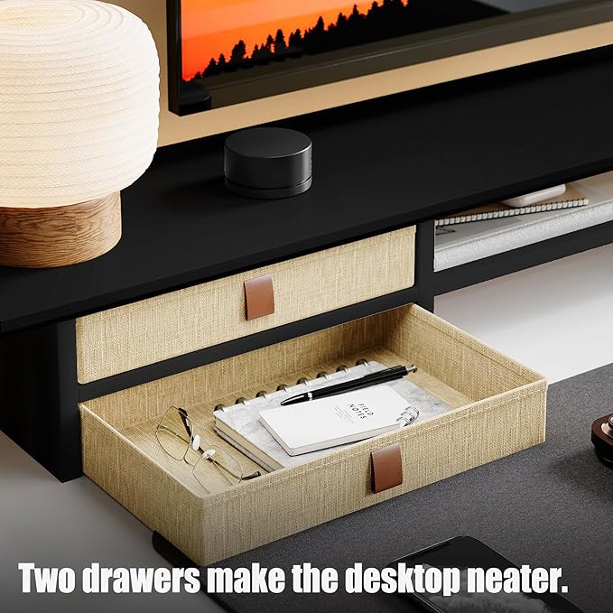 Dual‑Tier Monitor Stand Riser with Drawers, Desktop Organizer Shelf Storage for Computer Screen 2 Monitors, Supports for PC Computer Monitor, Printer, Heavy TV Riser Black
