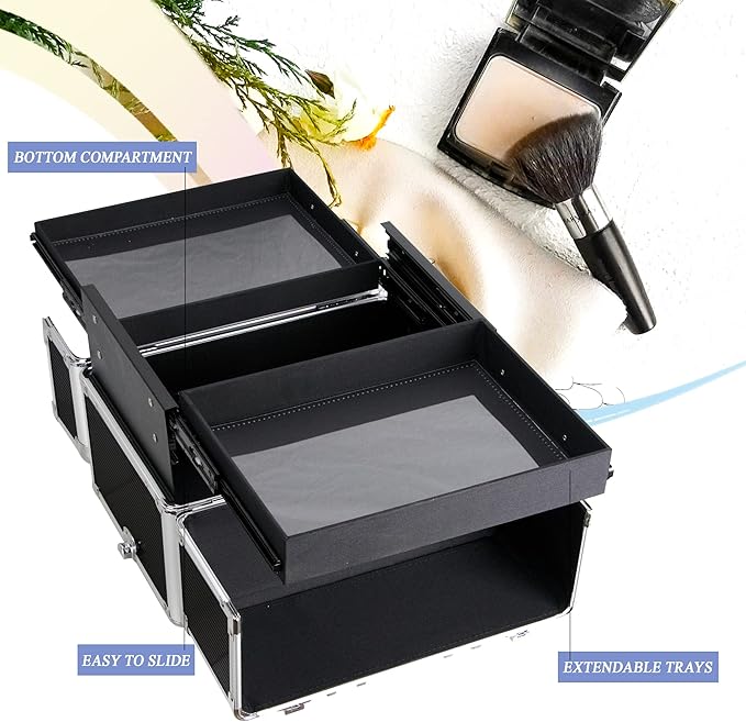 Ver Beauty Makeup Organizer, Cosmetic Travel Kit, Makeup Artist Supplies, 2 Sliding Trays, Lockable Storage Box, Makeup Train Case, Aluminium Case, Lightweight Makeup Vanity (Black Stripes)