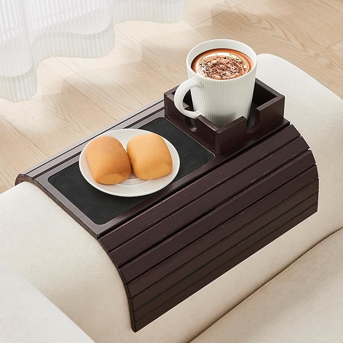 Bamboo Couch Cup Holder, Foldable Sofa Arm Tray, Anti-Slip Couch Aremrest Tray Table for Drink, Cup, Remote, Snacks, Cellphone, Portable, Mahogany