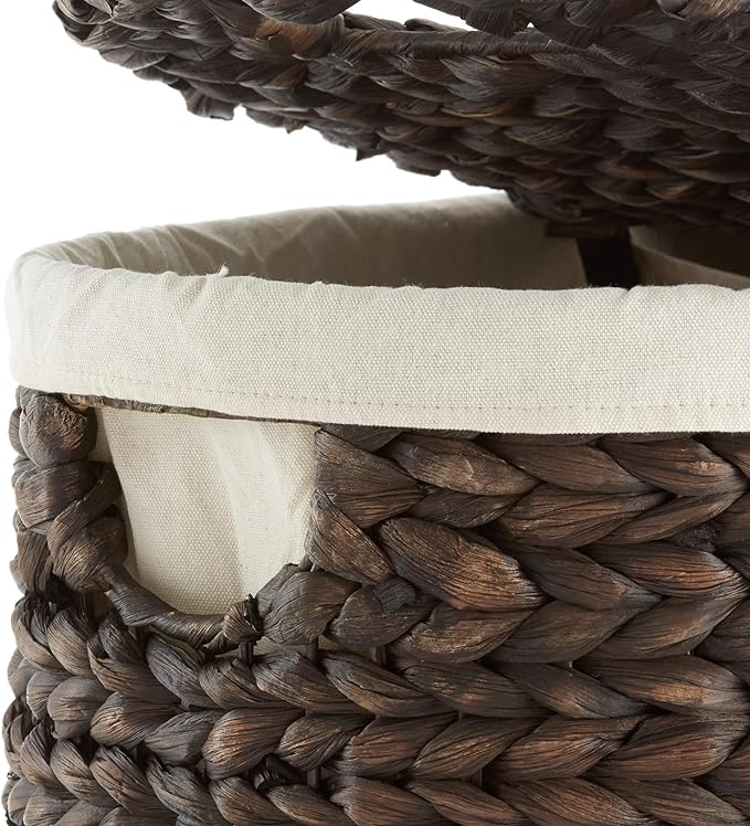 Casafield Oval Laundry Hamper with Lids and Removable Liner Bags - Espresso Dark Brown, Woven Water Hyacinth 2-Section Laundry Basket Clothes Sorter