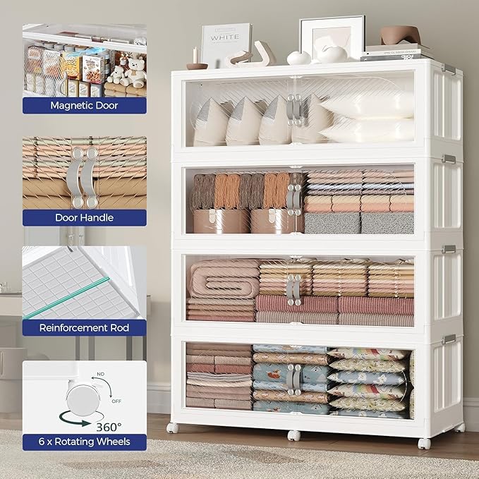 960QT Extra Large Stackable Storage Bins with Lid & Wheels & Doors, 240Gal Foldable Collapsible Closet Organizers, Plastic Cabinet Box Container Drawer for Home Kitchen Bedroom, 4Pack White