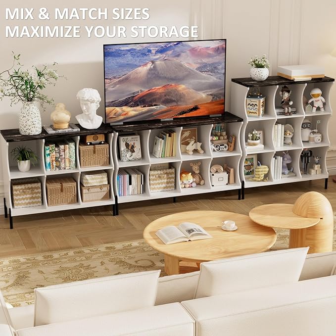 8 Cube Storage Shelf Organizer, Low Book Shelf Bookcase Entryway Table, Wood Closet Storage Display Cabinet TV Stand for Living Room, Office,Bedroom, Dorm, White with Dark Brown Top