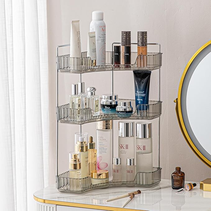 3-Tier Corner Bathroom Counter Organizer – Classic Storage Shelf for Makeup, Perfume & Toiletries, Space-Saving Countertop Tray Fits Bathroom, Dresser, Kitchen (Slate Gray)