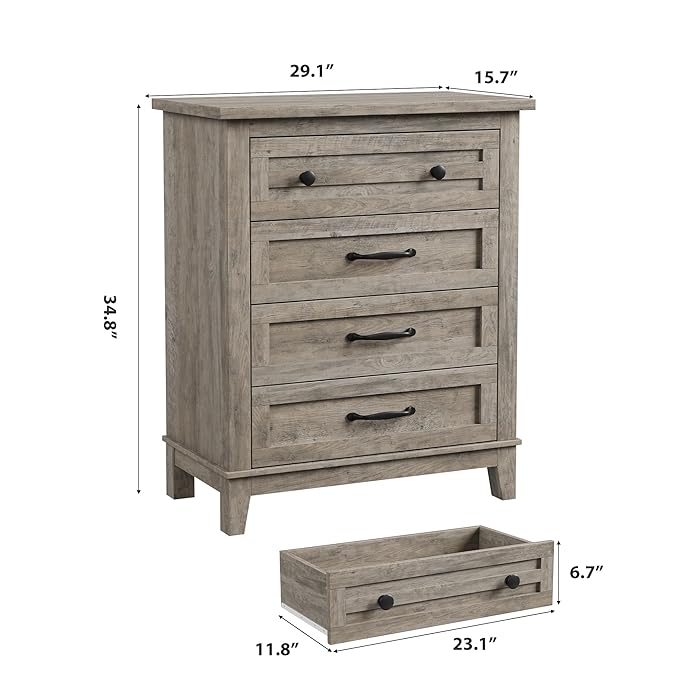 GarveeHome 4 Dresser for Bedroom, 34.8 in Tall Vertical Drawer Dresser with Large Storage, Freestanding Wooden Closet Chest for Bedroom, Living Room, Grey