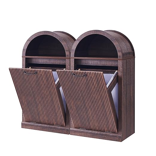 Arched Tilt-Out Trash Can Cabinet, Fluted 10 Gallon Trash Can Cabinet Set of 2, Modern Laundry Hamper, Hidden Garbage with Storage Basket for Kitchen, Living Room, Brown
