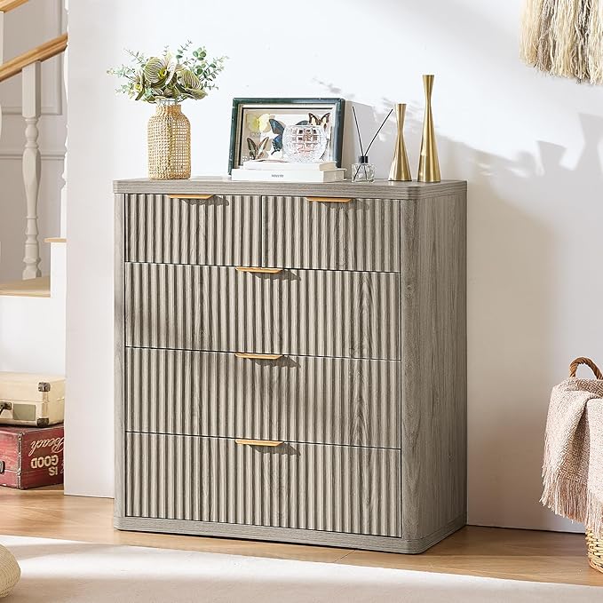 LEYAOYAO Fluted 5 Drawers Dresser for Bedroom, 34" Tall Modern Chest of Drawers with Metal Handle, Curved Profile Design,Grey Wood Drawer Organizer for Bedroom, Living Room, Hallway, Entryway