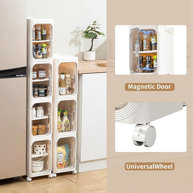 Narrow Bathroom Storage Cabinet with Wheels,5-Tier Plastic Slim Organizer with Adjustable Shelves for Small Spaces,Bathroom, Kitchen, Laundry,Milky White