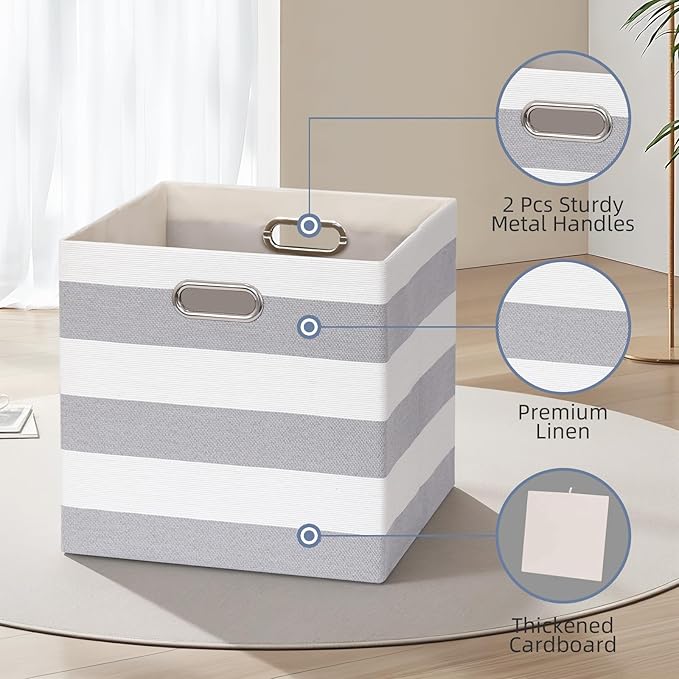 13x13x13 Storage Cube Bins, Foldable Storage Cubes Cubby Baskets Organizer Cloth Bins for Cube Storage Organizing Shelf Closet, Pack of 4, Gray/White Stripe