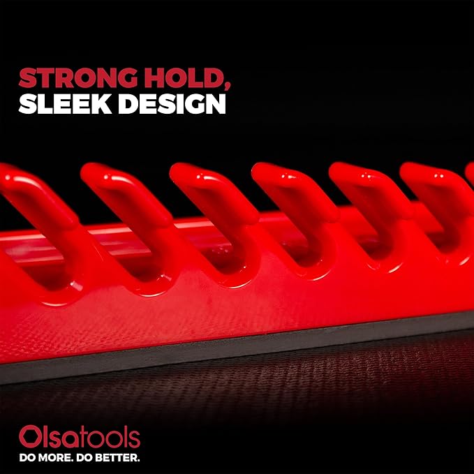 Olsa Tools Magnetic Wrench Organizer, Red - 15 Slot Wrench Holder - SAE and Metric Magnetic Wrench Rack - Rubberized Scratch Free Base - Wall or Toolbox Mountable Wrench Storage - Part: 1877