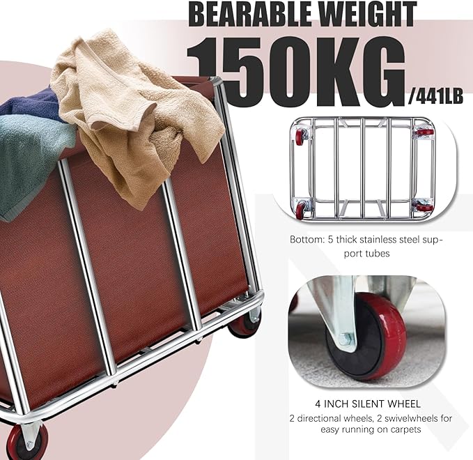 Commercial Laundry Cart with Wheels, 11.35 Bushel Large Laundry Tumbler with Removable Waterproof Canvas Lined Basket, Heavy Duty Stainless Steel Laundry Basket for Hotels and Hospitals