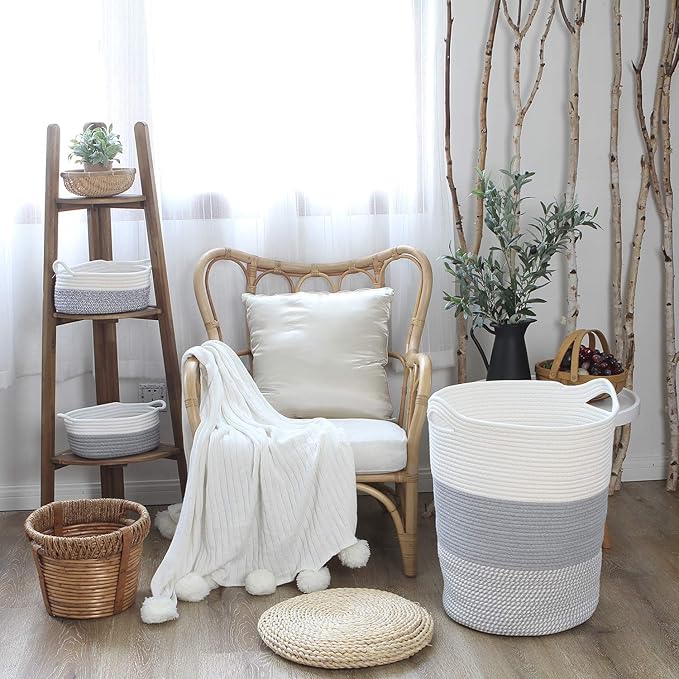 Sea Team Large Size Cotton Rope Woven Storage Basket with Handles, Laundry Hamper, Fabric Bucket, Drum, Clothes Toys Organizer for Kid's Room, 20 x 14 inches, Round Open Design, White & Mottled Grey