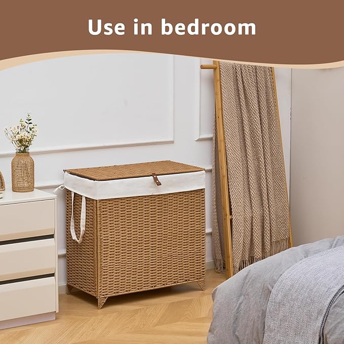 Laundry Hamper with Lid and Removable Liner Bag, Handwoven Rattan Clothes Hamper with Heightened Feet, Wicker Laundry Basket for Clothes and Towels，Large, 2-sections