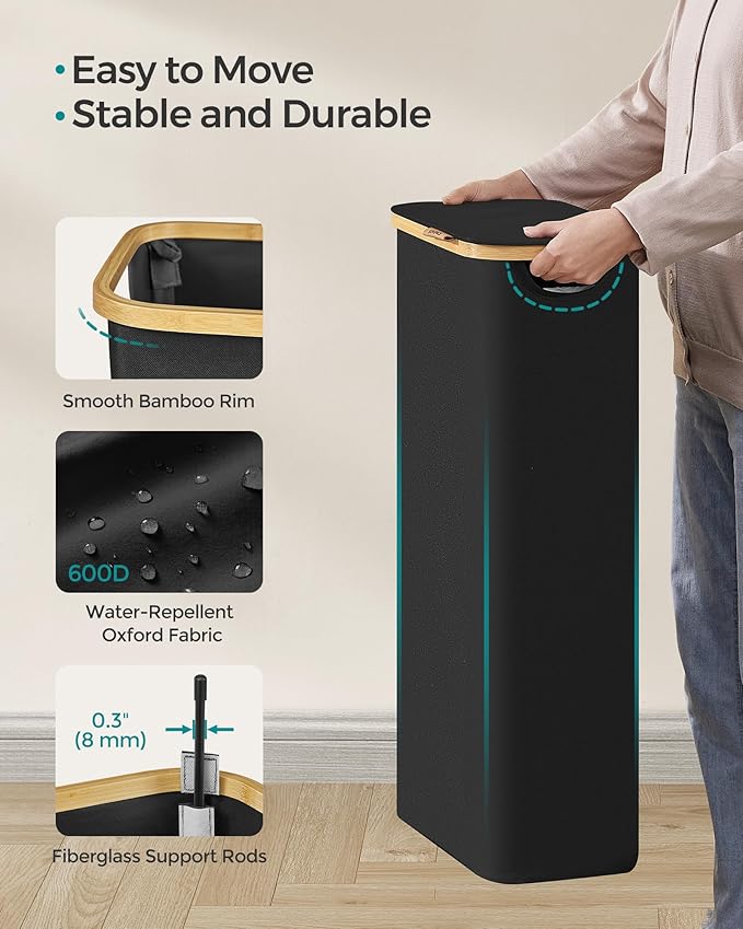 SONGMICS Laundry Hamper with Lid, Slim Laundry Basket, 17.2 Gallons (65L), Space-Saving, Removable Mesh Liner, Bamboo Handles, Collapsible, 16.5 x 8.9 x 27.8 Inches, Ink Black ULCB506B01